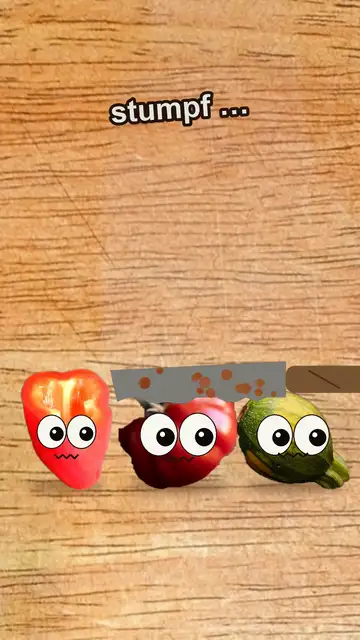 Paprika, Tomate und Zucchini mit Augen fliehen vor einem stumpfen Messer und freuen sich über saubere Scheiben