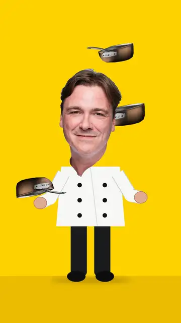 Comicfigur mit dem Gesicht von Thomas Sixt jongliert Kupfertöpfe