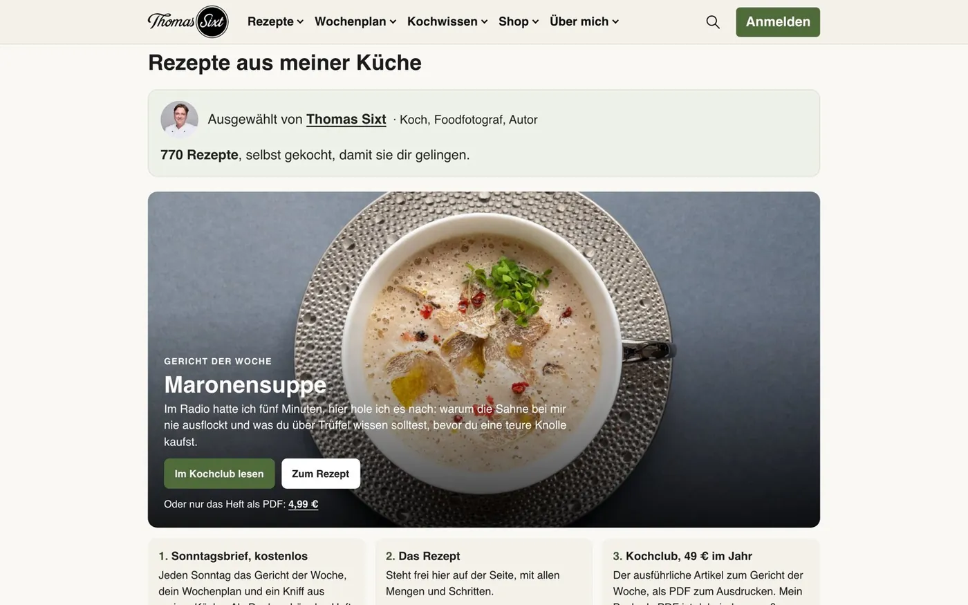 Startseite von thomassixt.de mit Gericht der Woche